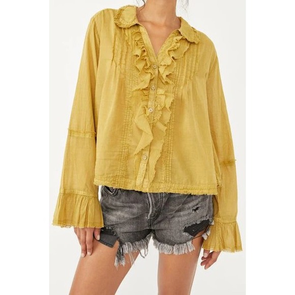 We the Free Free People Savannah Ruffle Button Down Shirt Mustard Yellow- Size S - Picture 1 of 9